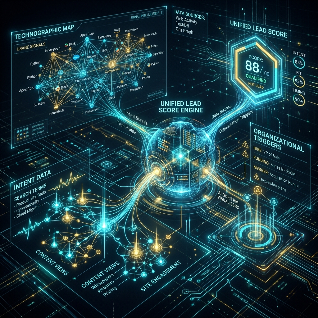 Technical visualization of signal intelligence nodes being synthesized into a unified lead score.