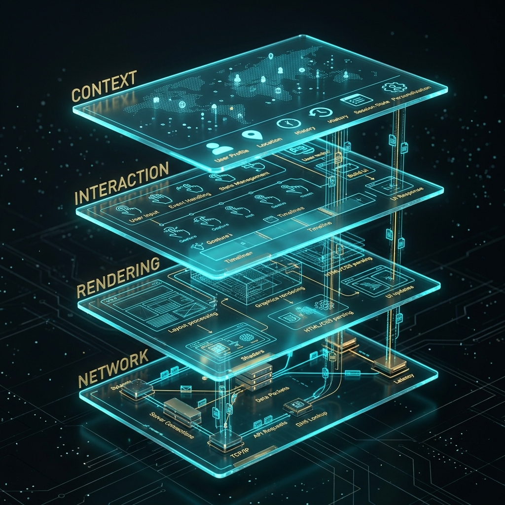 Technical visualization of post-click architecture layers.
