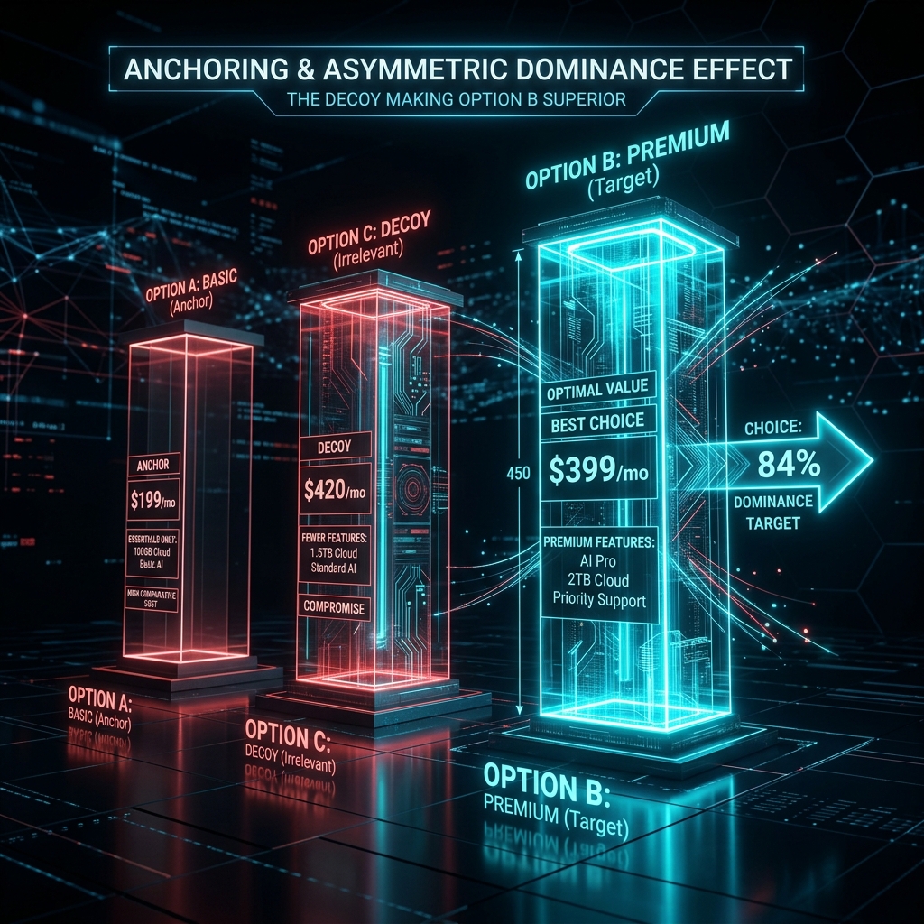 Technical visualization of anchoring and the decoy effect in SaaS pricing tiers.
