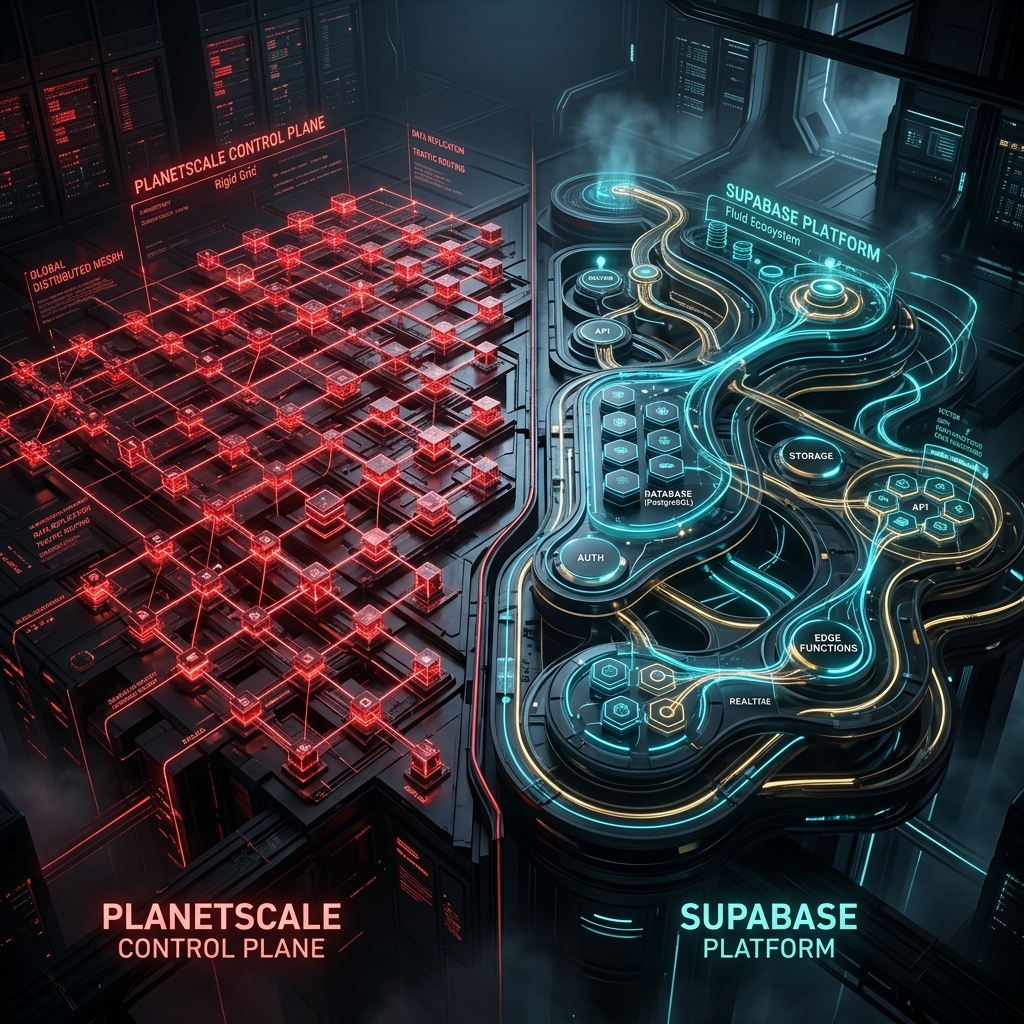 Cinematic visualization of PlanetScale vs Supabase architectural approaches.