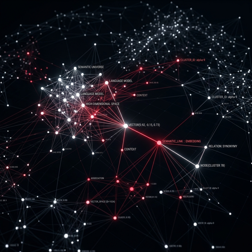 High-dimensional vector space embedding visualization with semantic clusters and data points in a luxury tech aesthetic.